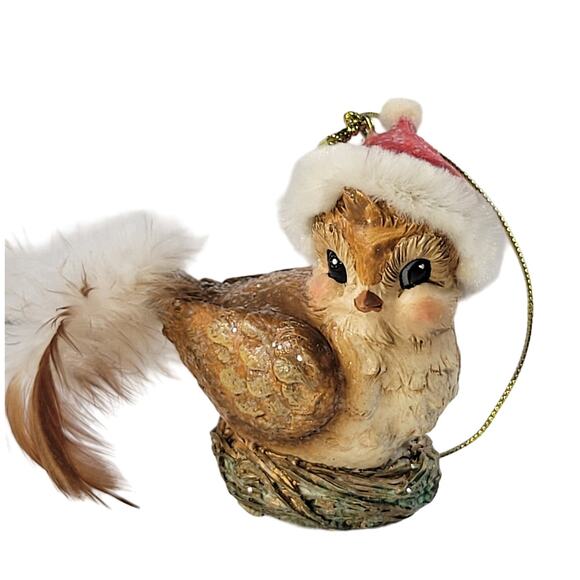 Vintage Christmas Bird Ornament with Santa Hat and Feather Tail - 3" Tall - Picture 1 of 9